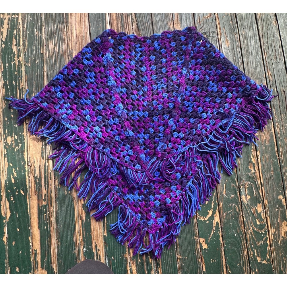Handmade Crochet Granny Square Poncho Purple Blue Fringe Boho Wrap One Size